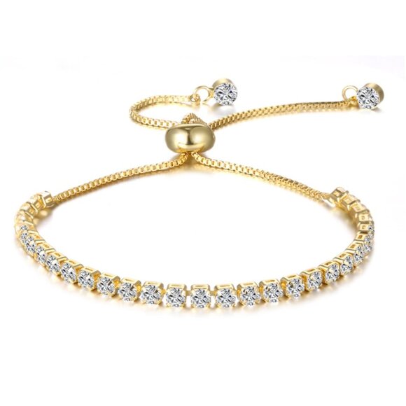Swarovski Crystal Tennis Slider Bracelet w/ 14K Gold Overlay – Luxury Jewelry - Picture 3 of 6